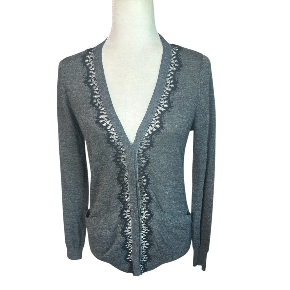 Rebecca Taylor Gray V-Neck Lace Trim Cardigan Alpaca/Wool size M